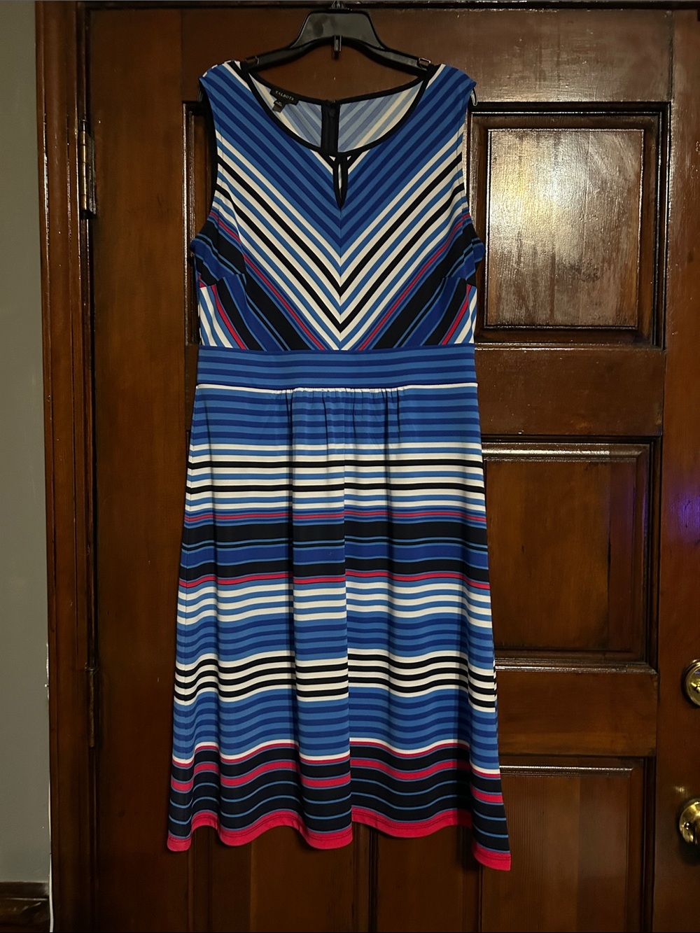 Talbots Blue, Black & White Striped Midi Dress with Pink Accents